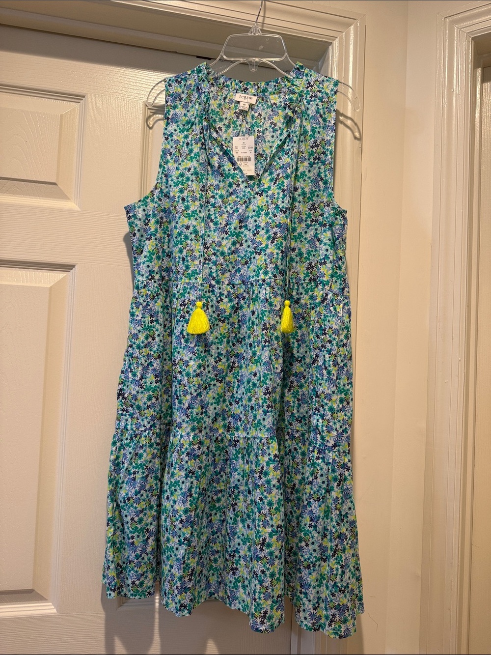 NWT J. Crew Sleeveless Blue-Green Floral Mini Tiered Dress Yellow Tassels Airy M